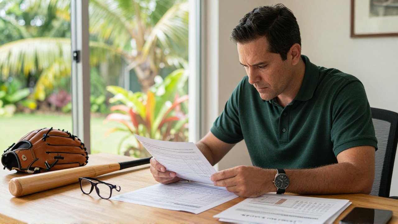 A focused sports analyst studies baseball statistics and scouting reports at a sunlit desk.