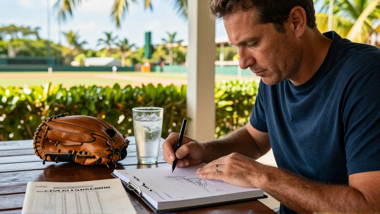 A person intently studies handwritten baseball statistics and diagrams in a notebook on a sunlit veranda.