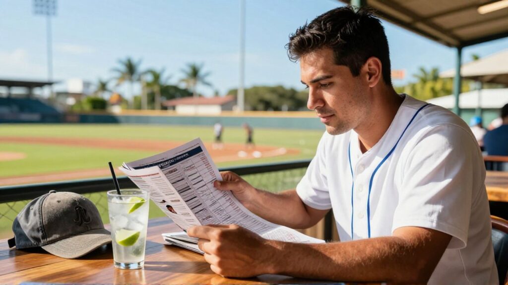 A man intently studies a sports magazine at an outdoor cafe near a baseball field.