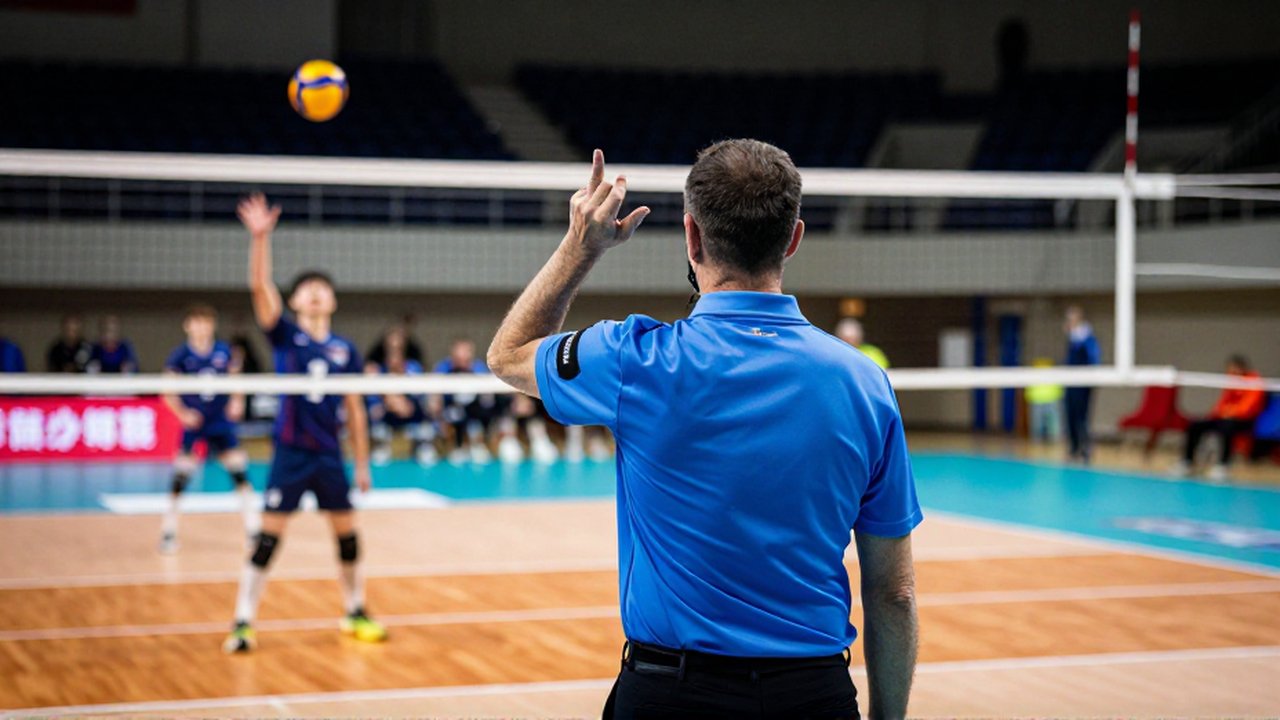 A volleyball referee in a polo shirt signals a point during an indoor match.