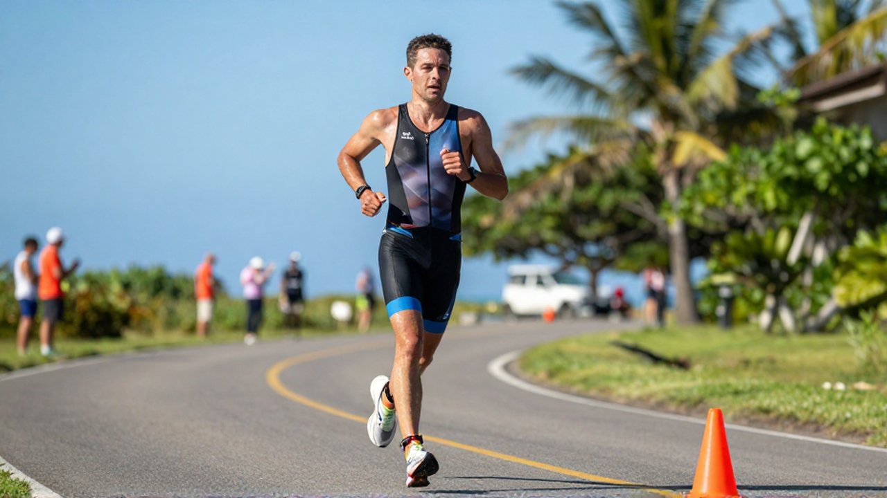 A focused male triathlete runs intensely along a paved coastal course during a sunny race.