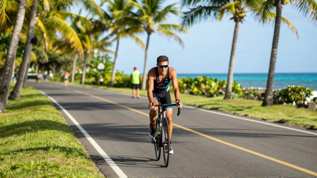 A determined male triathlete sprints along a coastal road lined with palm trees.