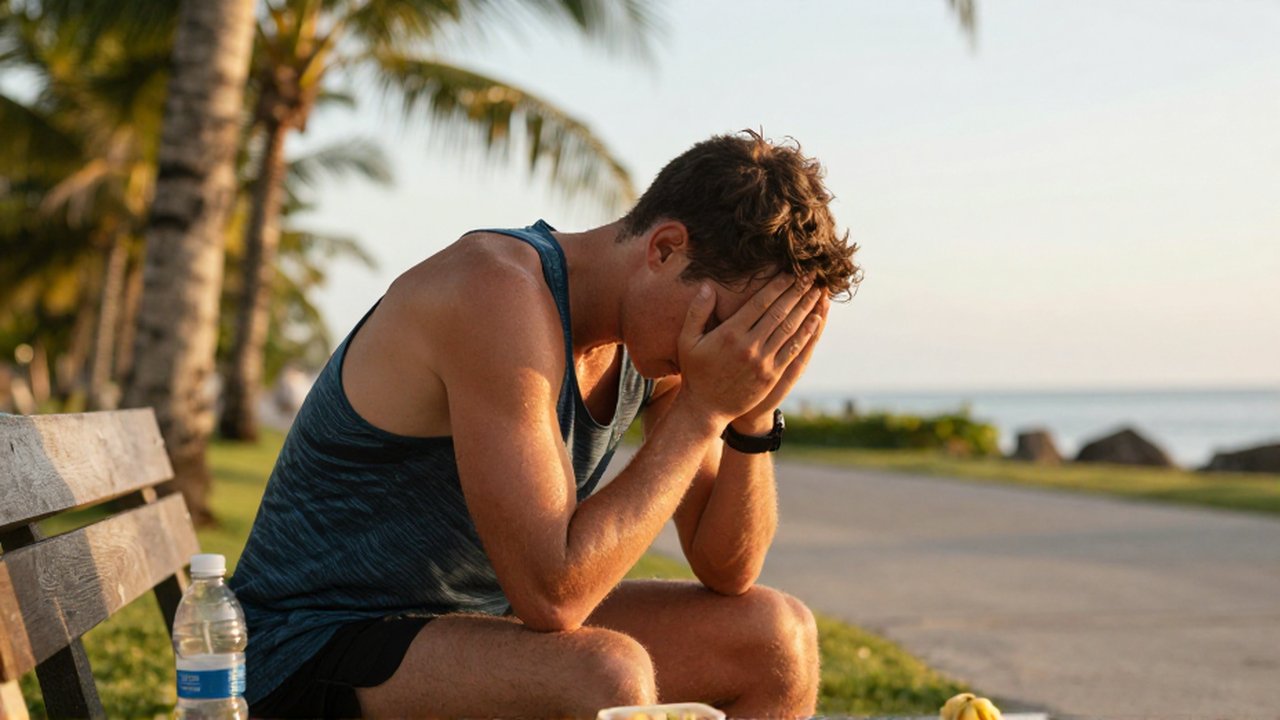 A sweaty runner sits slumped on a park bench by a tropical coastal path, appearing exhausted.