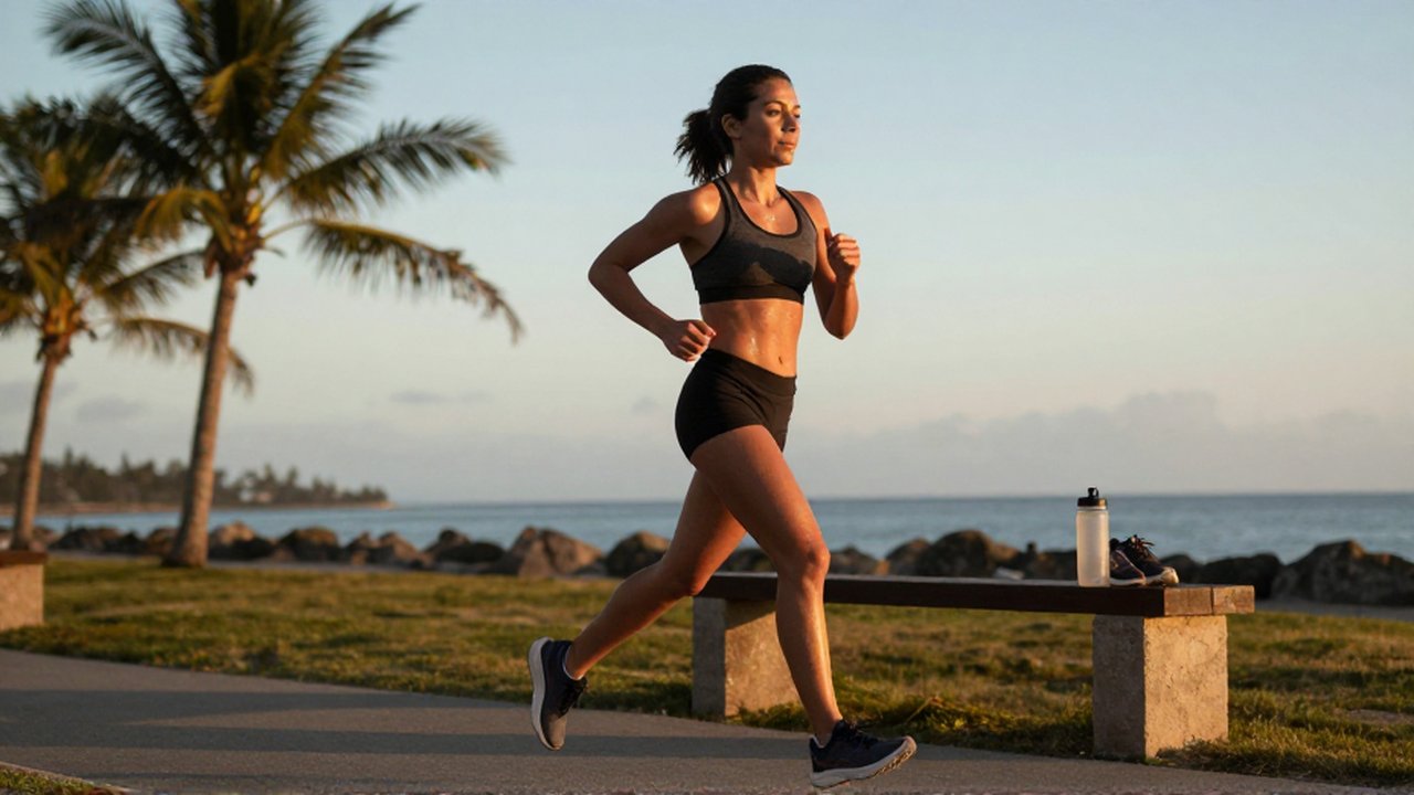 A determined woman jogs along a sunlit coastal path near palm trees and the Caribbean Sea at dawn.