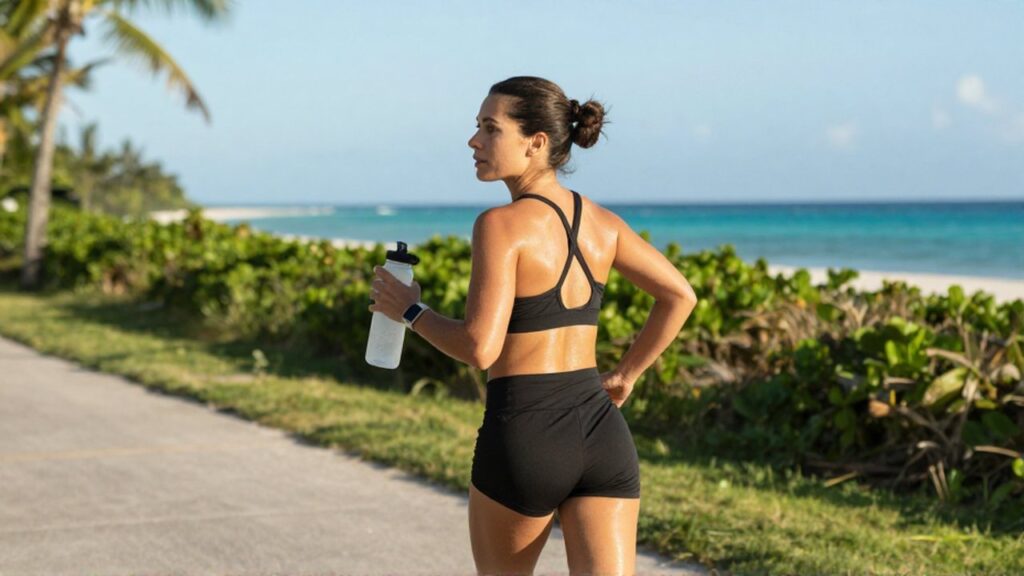A female runner in athletic gear strides along a sunny coastal path overlooking the Caribbean Sea.