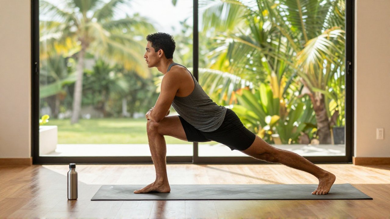 A fit athlete performs a deep lunge stretch on a yoga mat in a sunlit home gym.