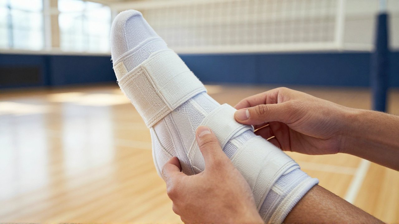 An athlete's hands inspect the wear and velcro straps of a volleyball ankle brace on a gym floor.