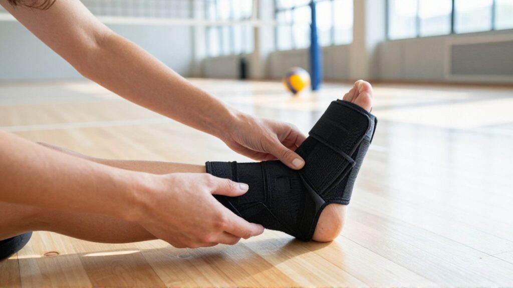 A female athlete's hands carefully clean a black compression ankle brace on a wooden gym floor.