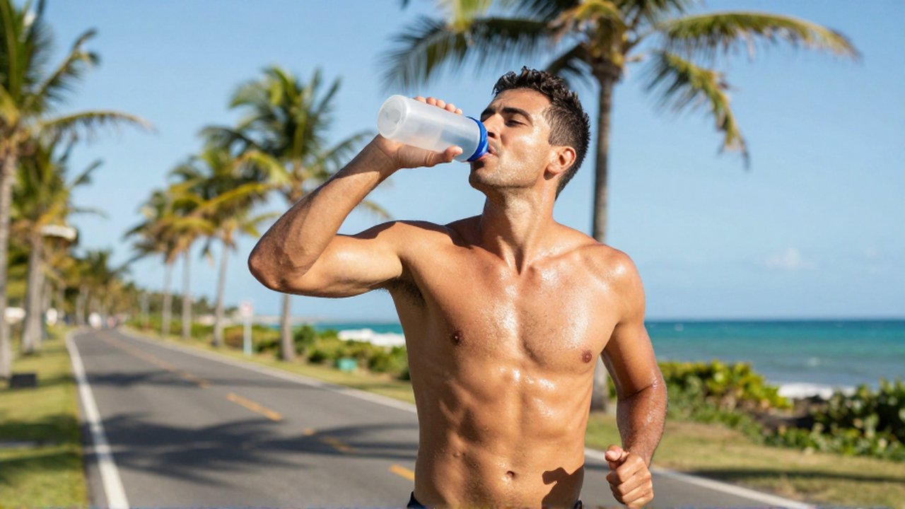A man pauses during a jog on a coastal road to drink from a handheld water bottle.