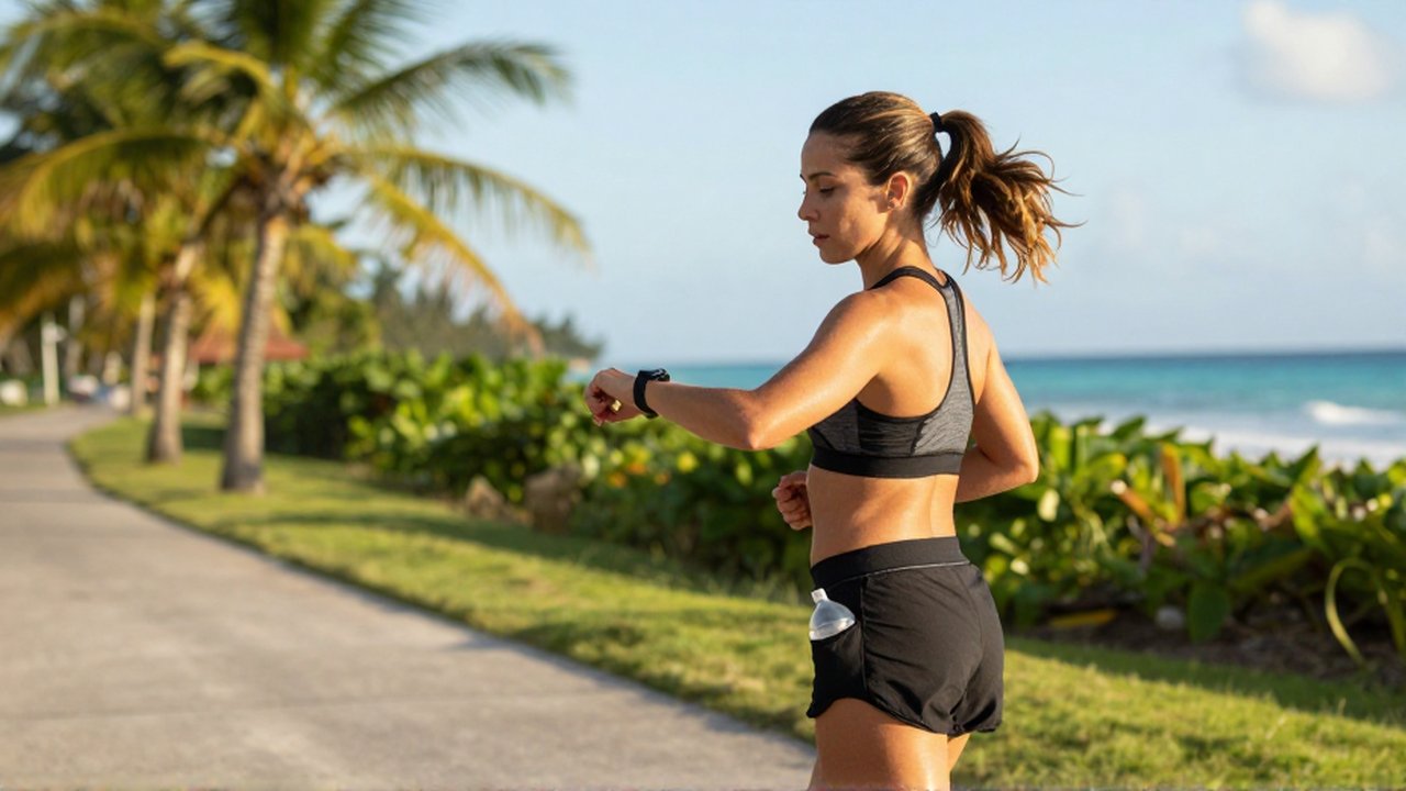A female runner checks her smartwatch while running along a tropical coastal path.