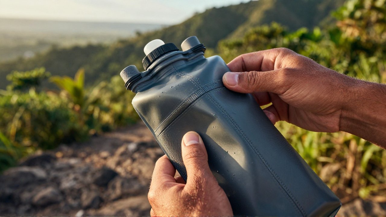 A runner's hands inspect the reinforced seams and texture of a hydration bladder on a mountain trail.