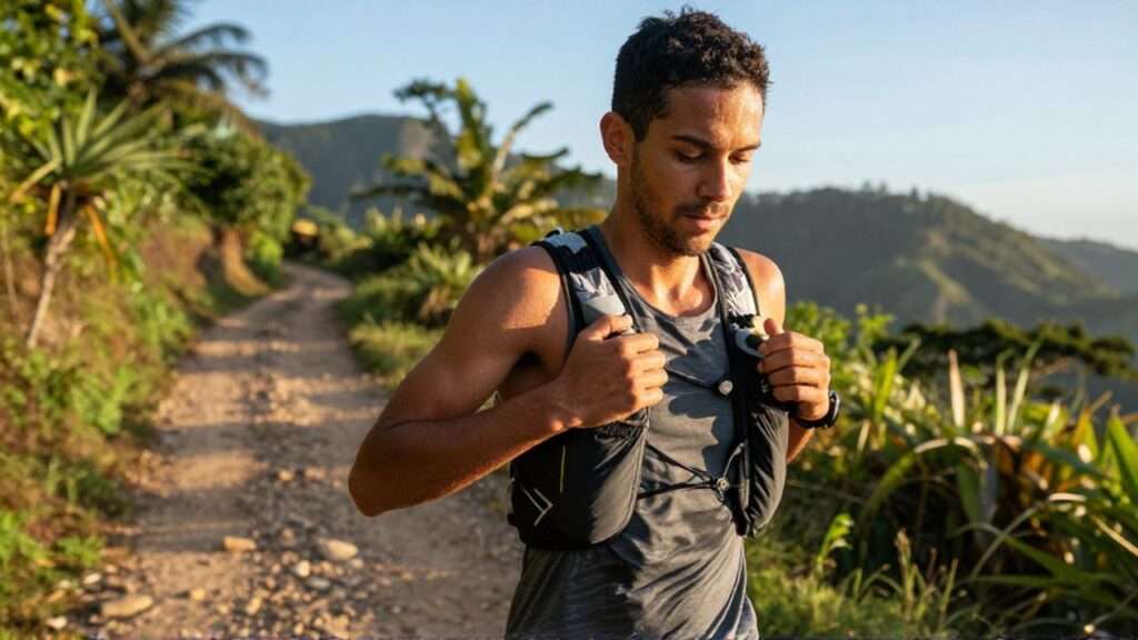 A focused runner adjusts a hydration bladder while running on a sun-drenched mountain trail.