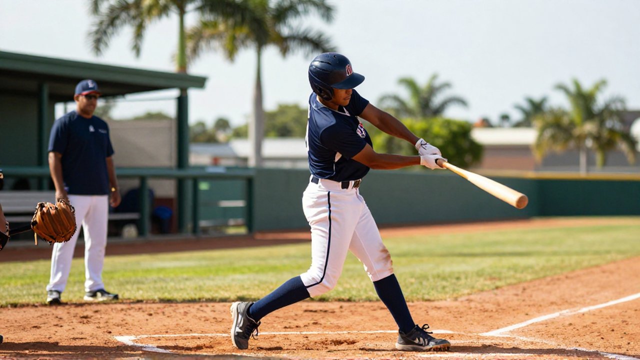 A young Dominican baseball player mid-swing during an intense batting drill on a sunny training field.