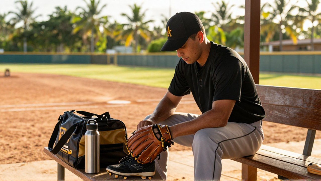 A young baseball player prepares his glove and cleats on a wooden dugout bench.