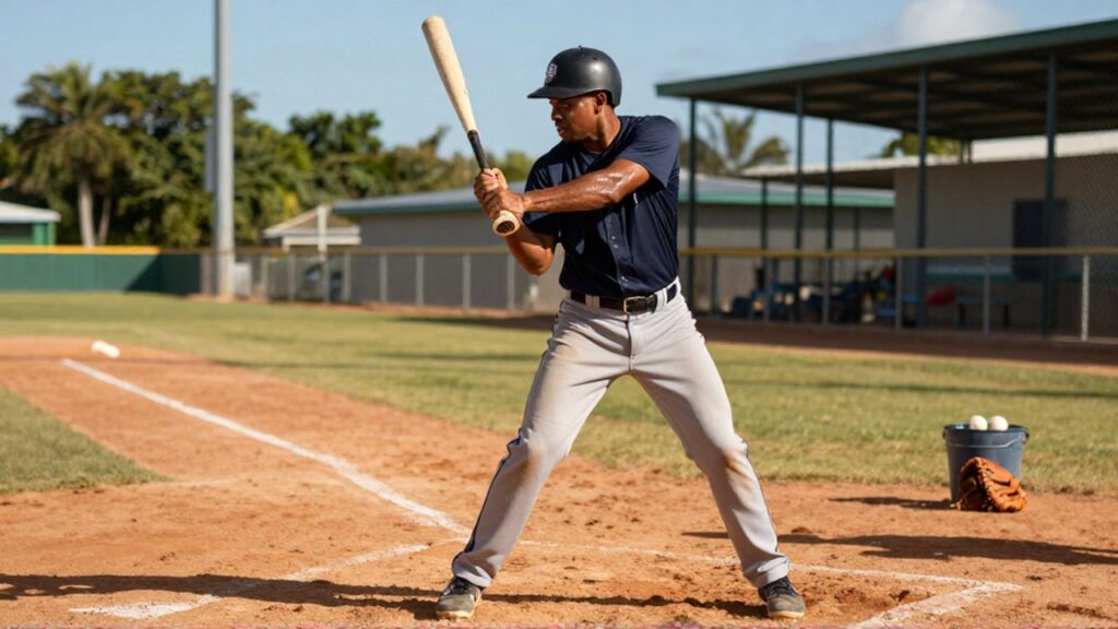 A focused young baseball player swings a wooden bat during a drill on a dusty training field.
