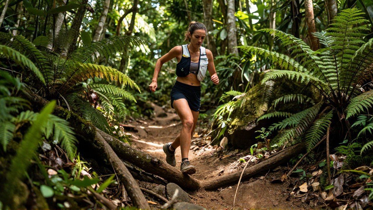 A female trail runner navigates a narrow, winding dirt path through a lush tropical forest.
