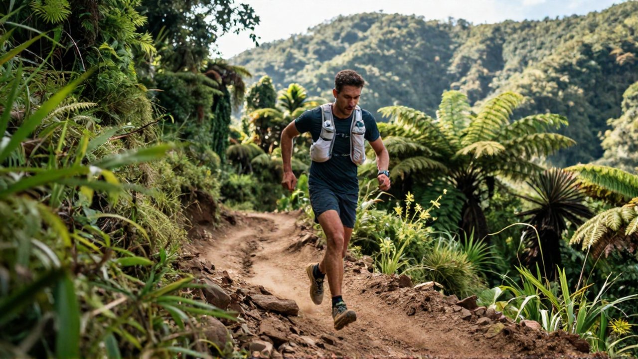 A trail runner ascends a steep, winding dirt path through a lush tropical forest.