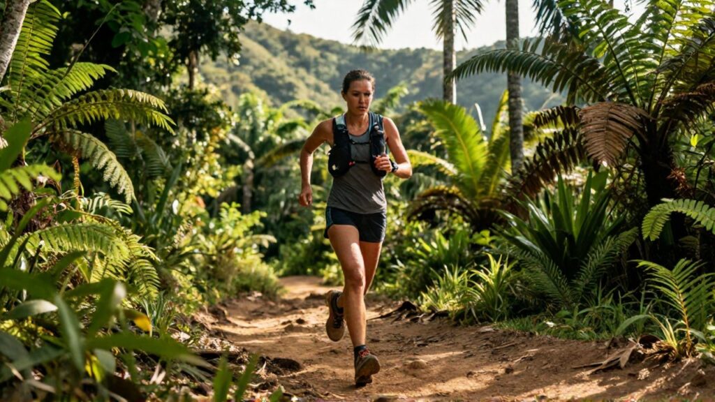 A female trail runner navigates a narrow dirt path through a lush