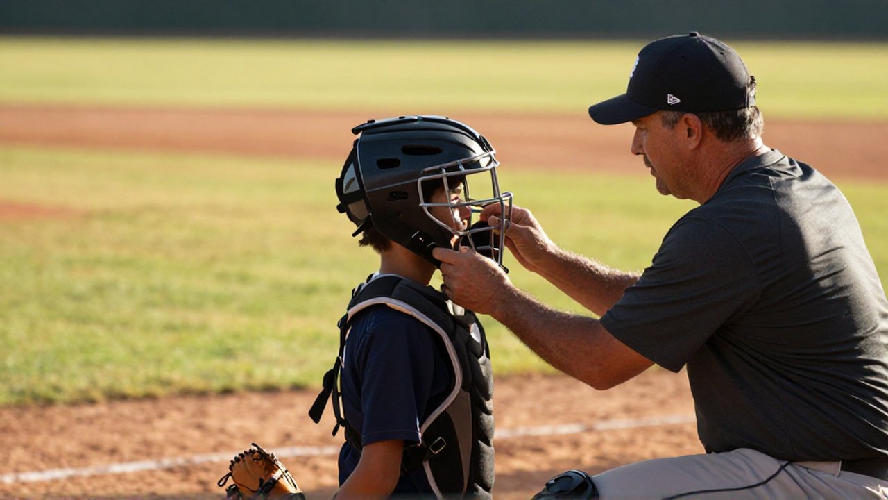 A middle-aged baseball coach carefully adjusts a catcher's protective mask on a young player during training.