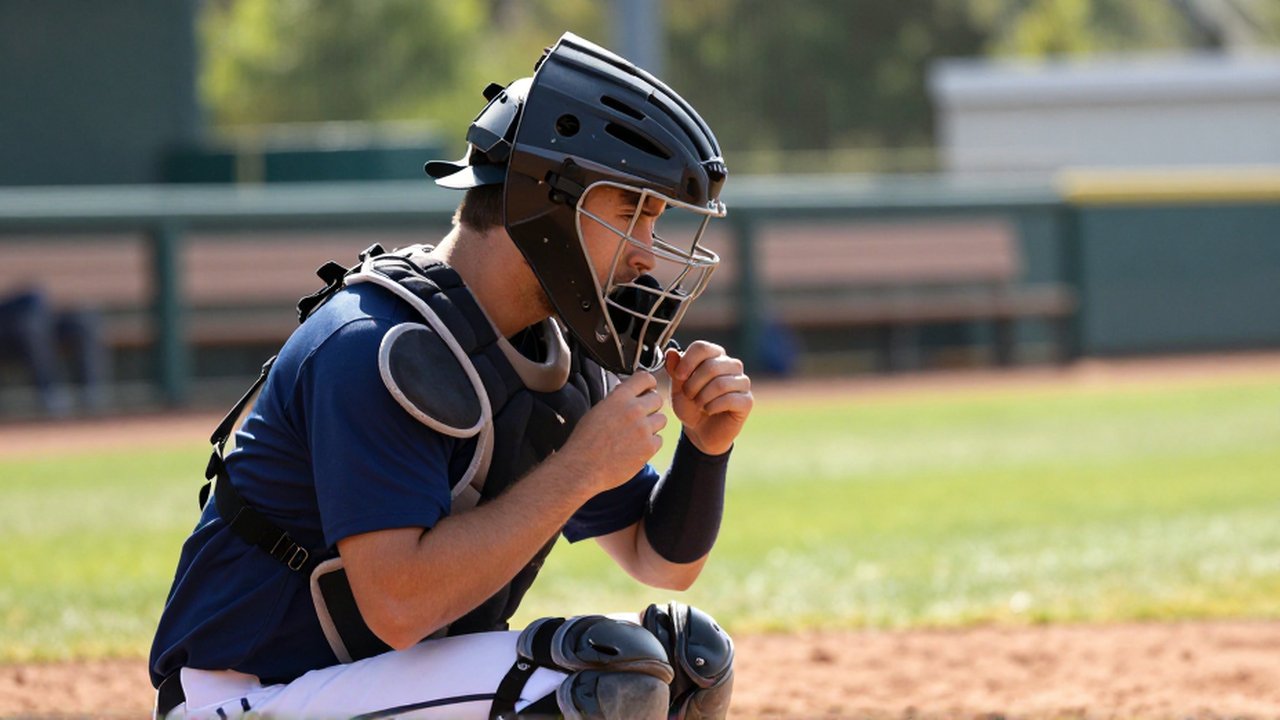A baseball catcher crouches near home plate, meticulously adjusting his matte black protective mask.