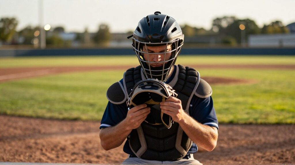 A baseball catcher sits on a dugout bench