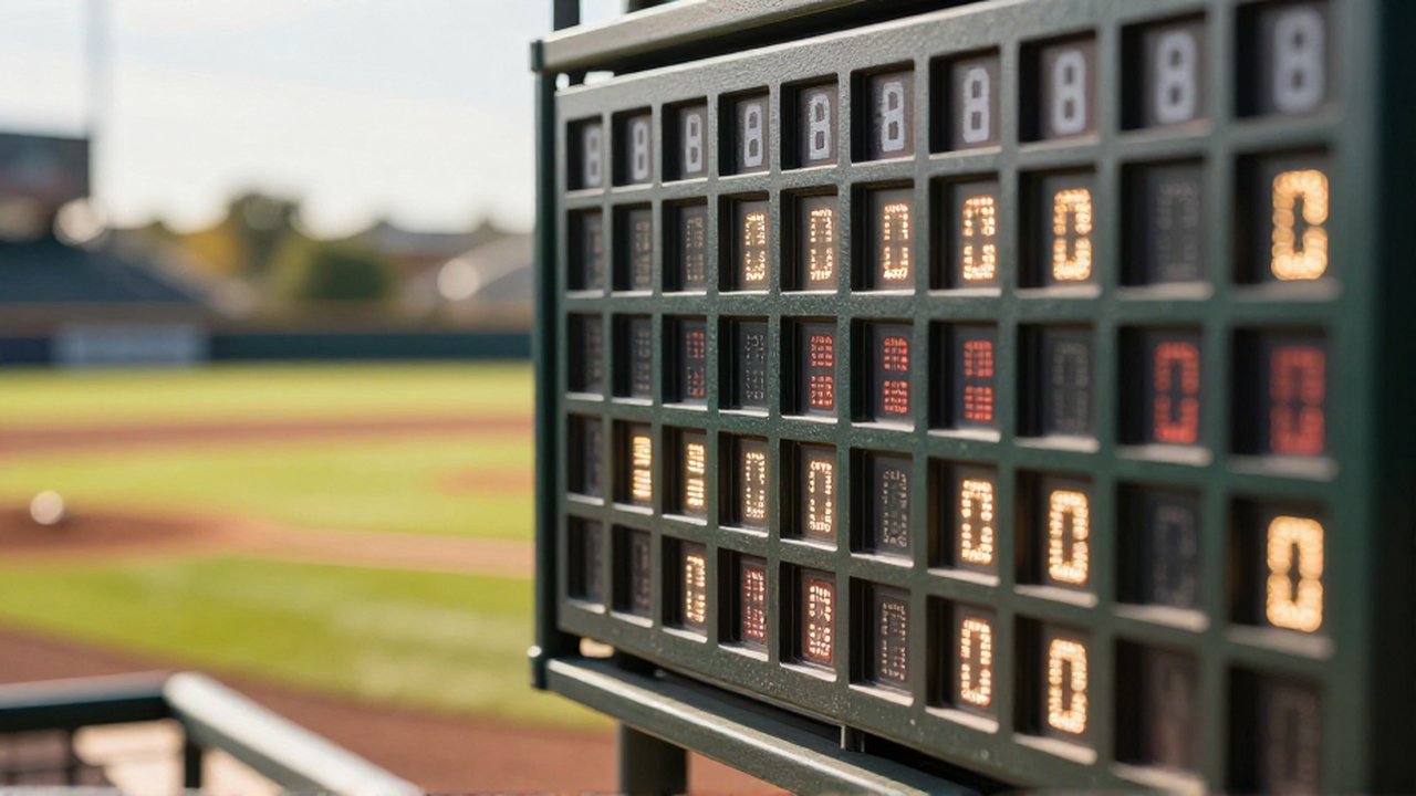 Macro view of a detailed baseball scoreboard with glowing indicators overlooking a sunny stadium field.
