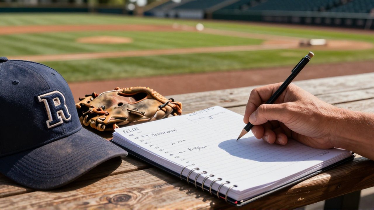 A hand holds a pencil over a coach's notebook on a dugout bench near a baseball glove.