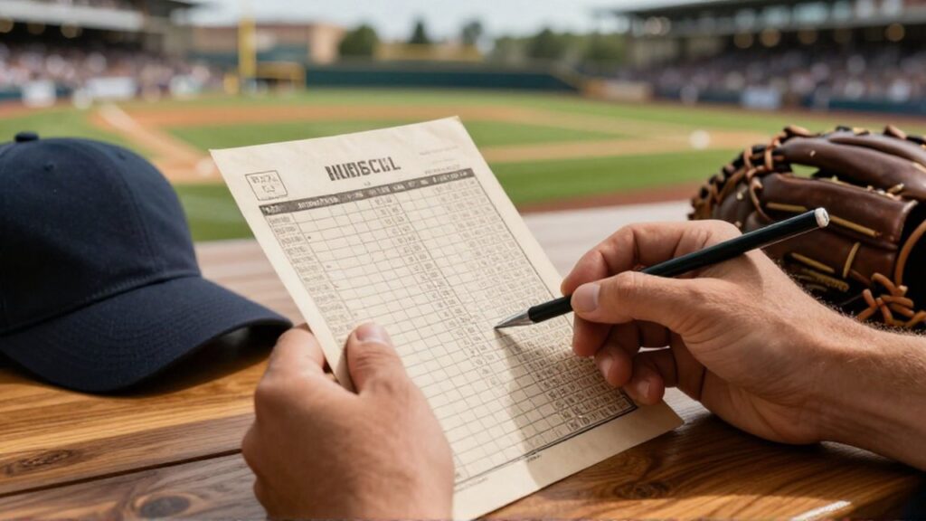 A hand traces a vintage baseball scorecard with a pencil on a wooden table.