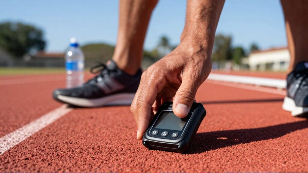 A close-up of an athlete's thumb pressing a black digital stopwatch on a red running track.