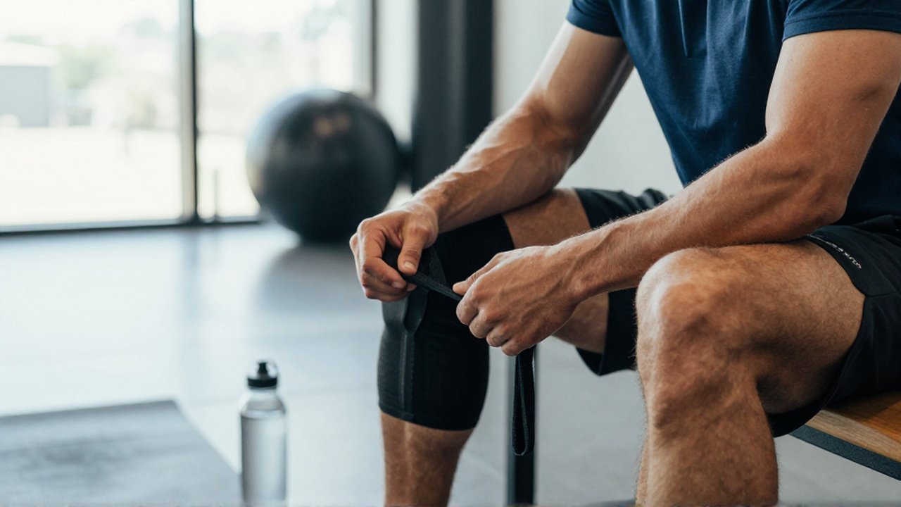 A muscular athlete pulls a black compression sleeve over their calf in a sunlit gym.