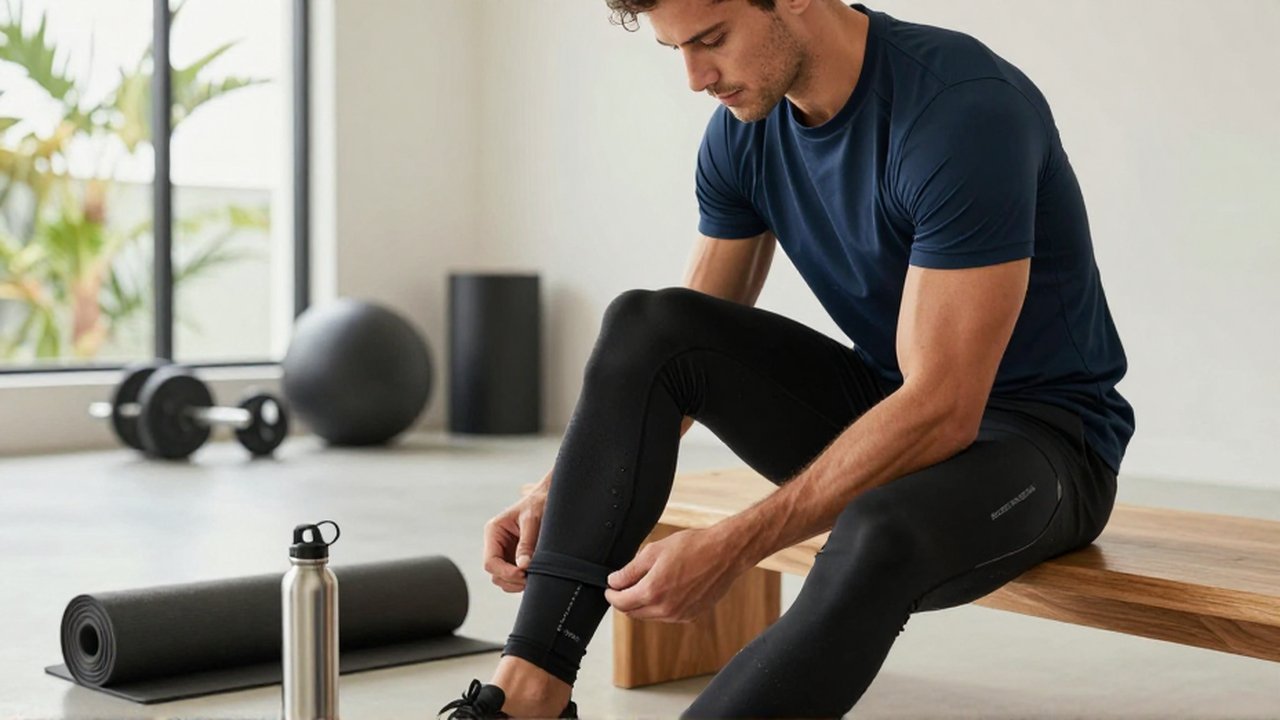 An athletic man adjusts his black compression leggings while seated in a bright home gym.