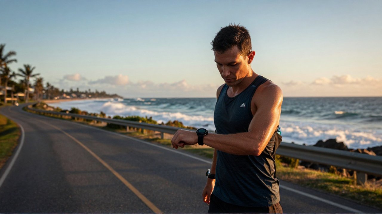 A determined long-distance runner checks a GPS watch on a coastal road at sunset.