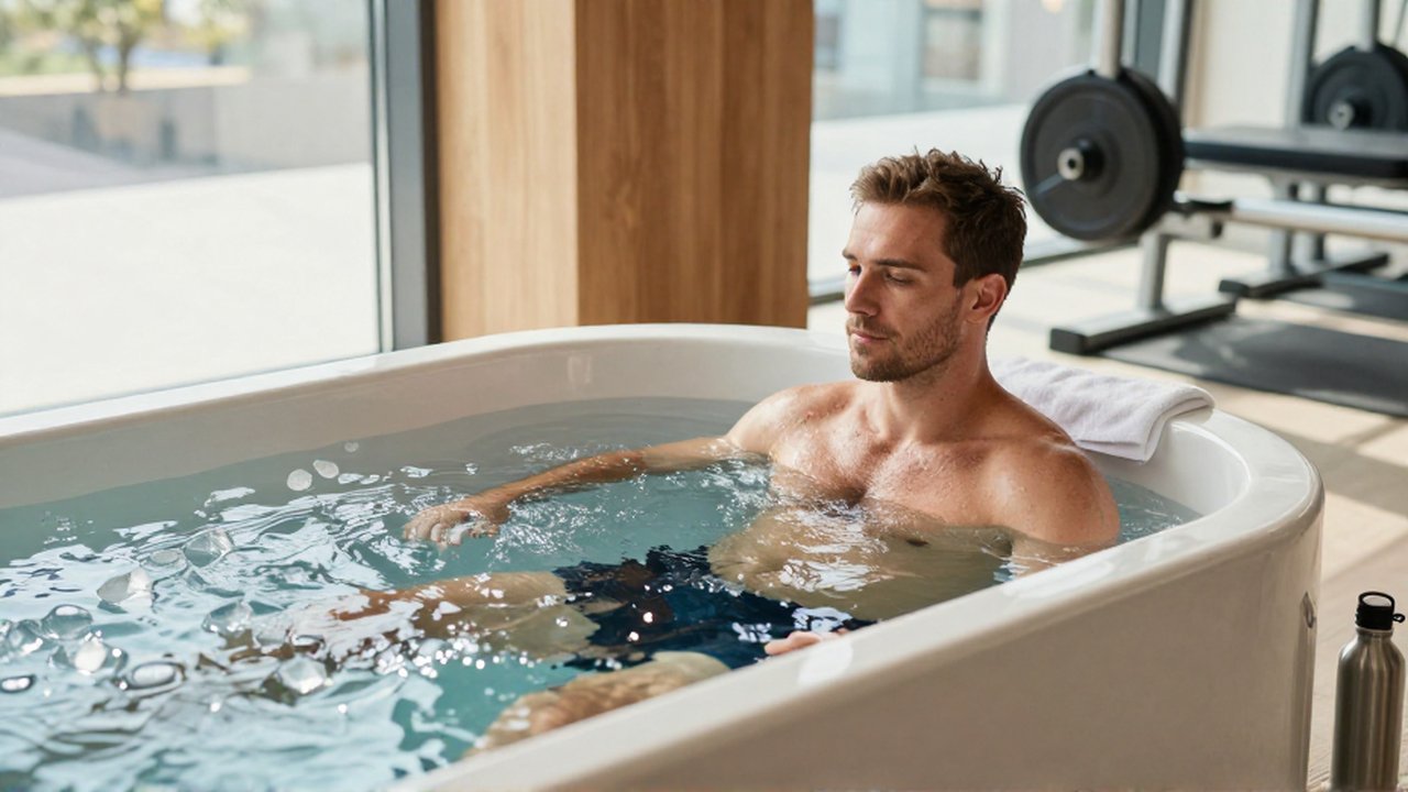 A male athlete breathes calmly while sitting in an ice-filled cold plunge tub within a sunlit gym.