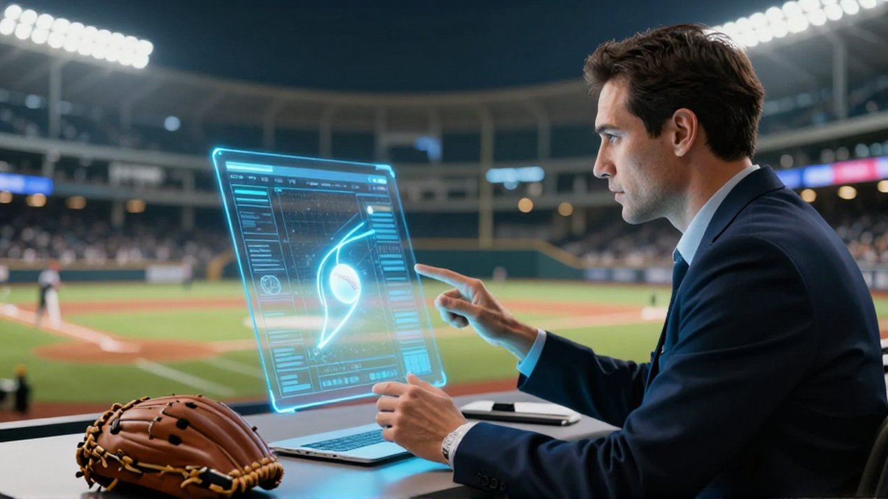 A baseball analyst reviews holographic pitch data on a digital tablet inside a performance center.