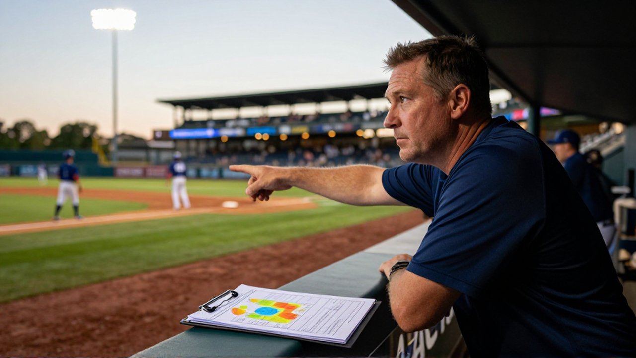 A focused baseball manager in a dugout points toward the field next to a tactical clipboard.