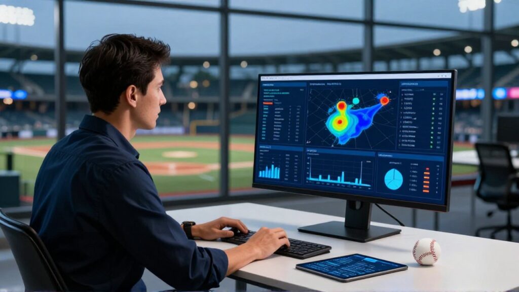 A baseball analyst studies data visualizations on a monitor in a high-tech research facility.