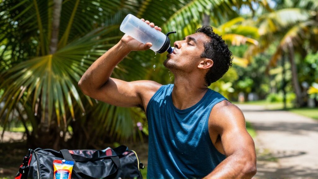 A Dominican athlete drinks from a water bottle during a training session in a tropical outdoor setting.