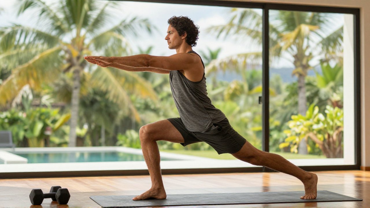 A fit athlete performs a dynamic lunging stretch in a sunlit, modern home gym.