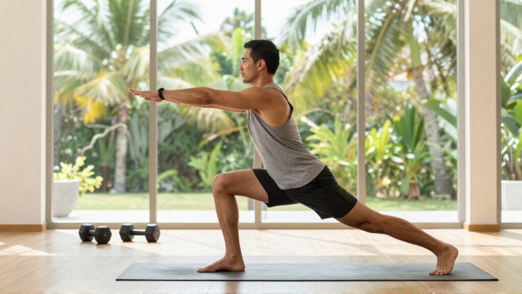 A fit athlete performs a dynamic lunging stretch in a bright
