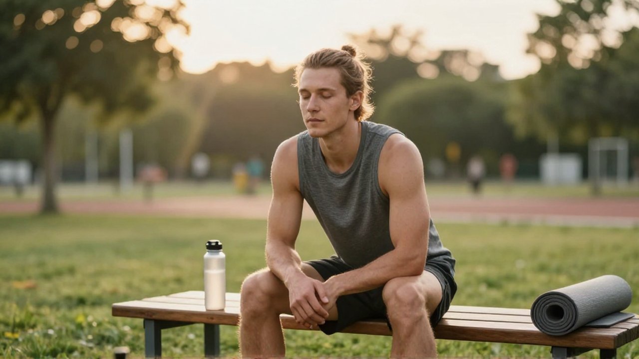 An athlete sits on a wooden bench in a sunlit park, breathing deeply after a workout.