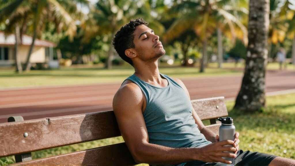 A fit athlete sits on a wooden bench in a tropical park
