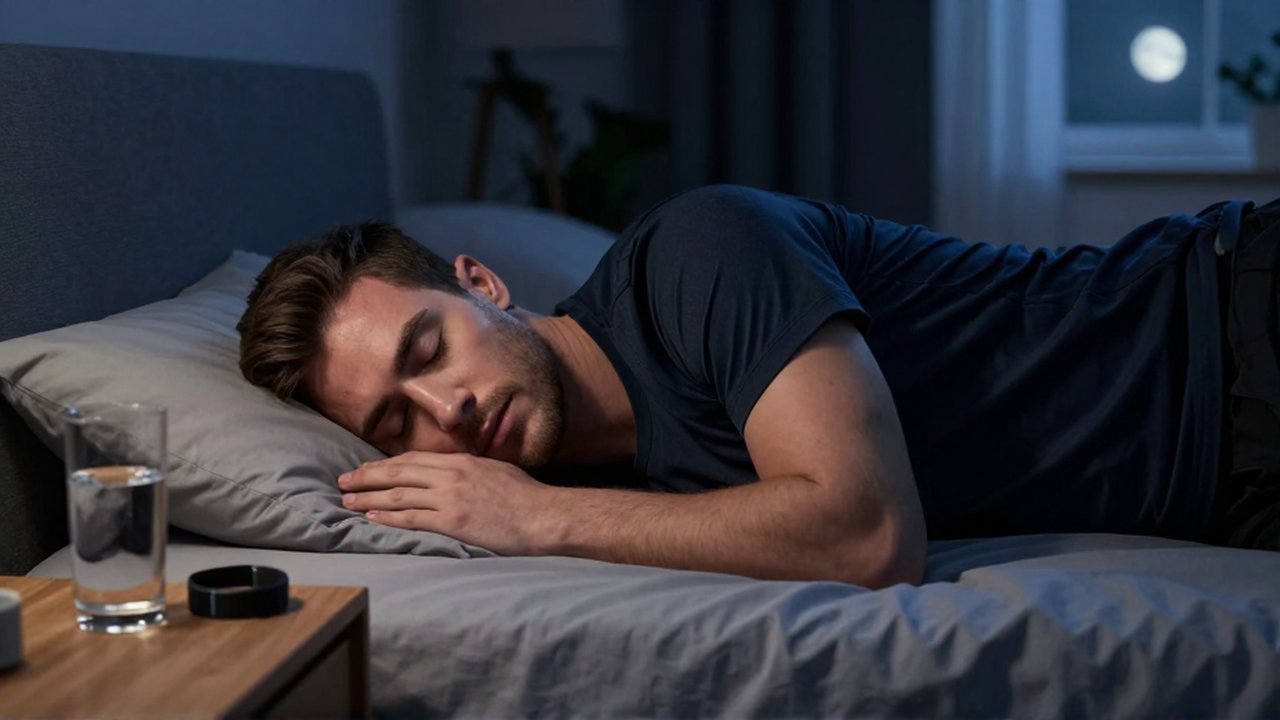 A professional athlete sleeps peacefully in a dim bedroom next to a water glass and fitness tracker.