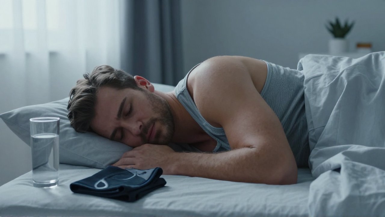 A fit man sleeps peacefully on his side in a quiet, modern bedroom.