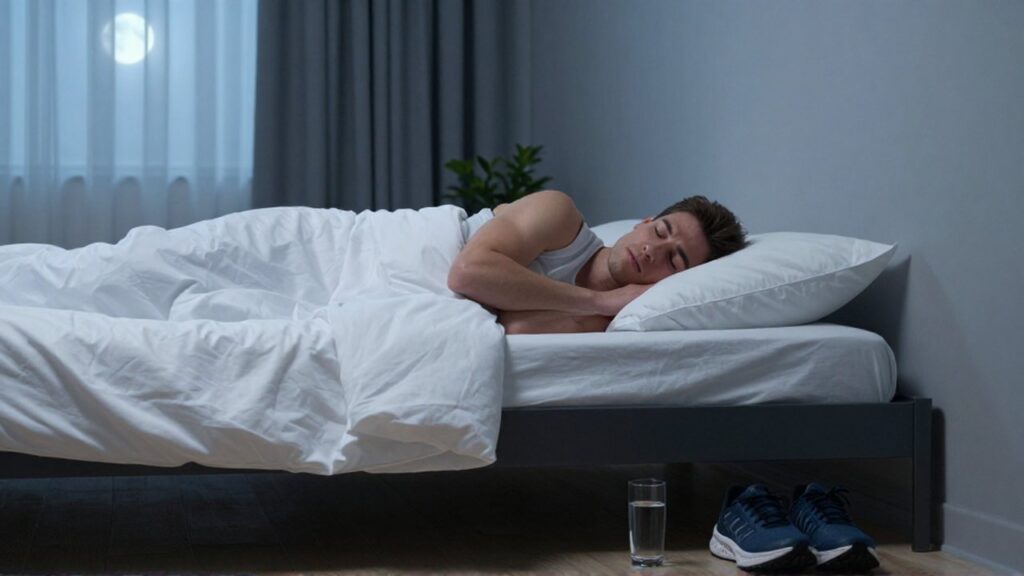 A fit athlete sleeps peacefully in a minimalist bedroom next to running shoes and water.