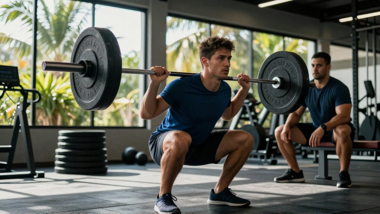 A determined athlete performs a heavy barbell squat in a sunlit, modern tropical gym.