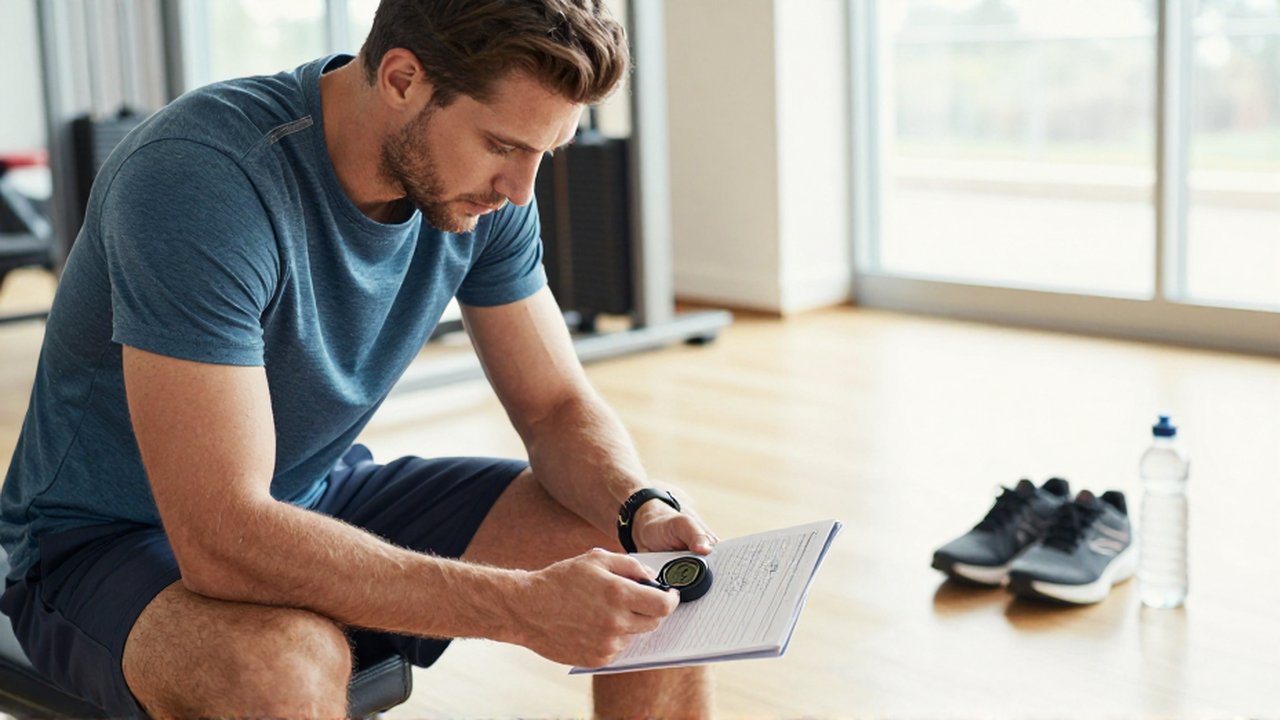 A focused athlete sits on a weight bench in a bright gym, reviewing a stopwatch and training log.