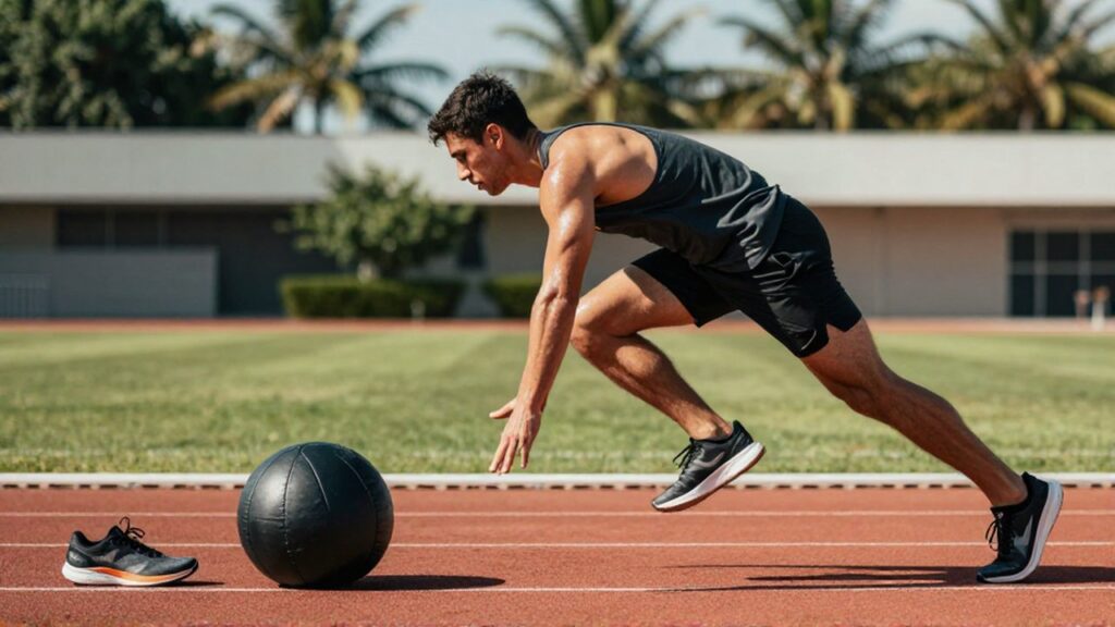 A professional athlete performs a lateral plyometric jump on a terracotta track during outdoor training.