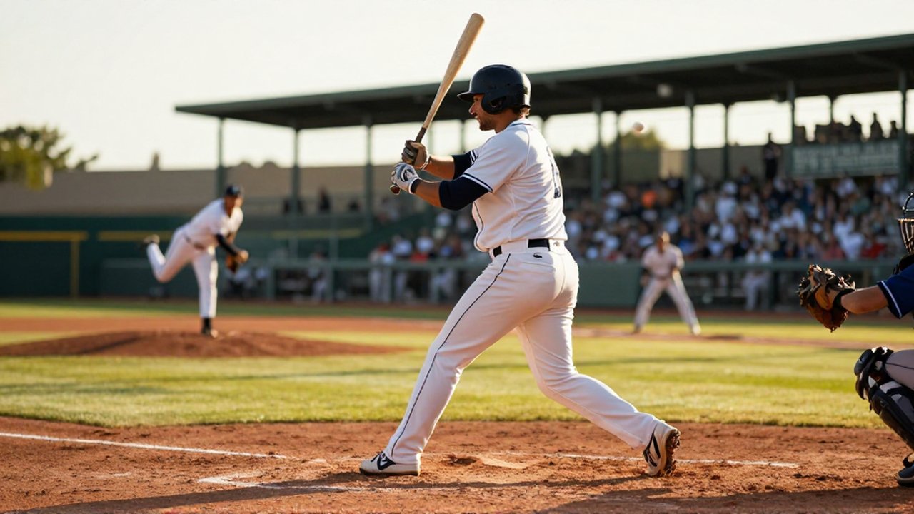 A focused baseball batter prepares to swing at an incoming pitch in a sunlit stadium.