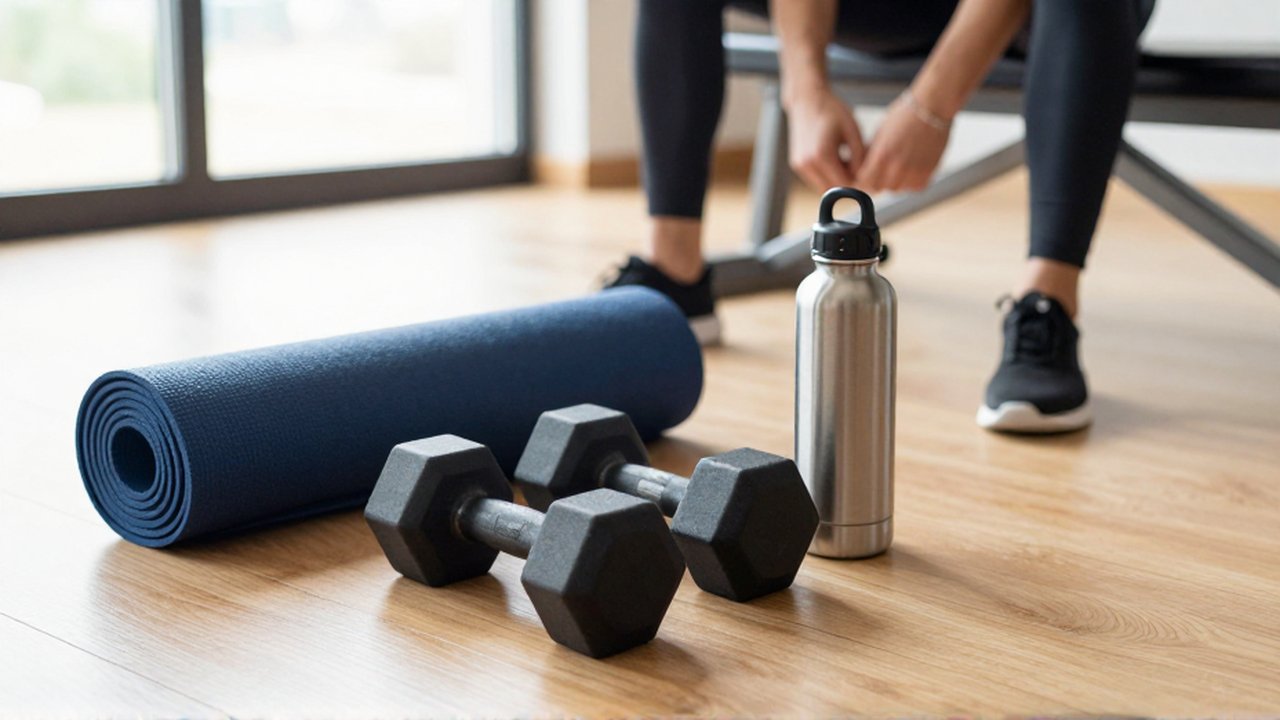 Black dumbbells, a navy yoga mat, and a water bottle sit on a wooden floor near a person preparing for a workout.