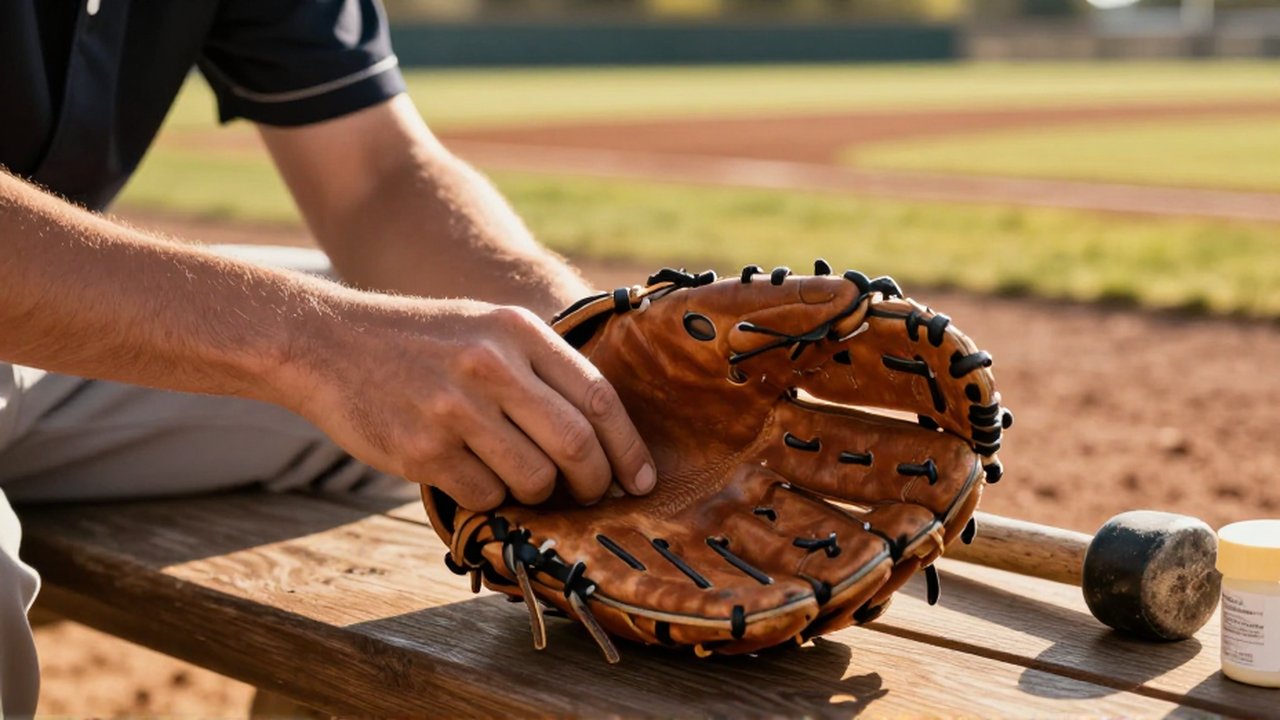 A baseball player’s hands massage and shape a leather glove on a bench at a sunlit field.